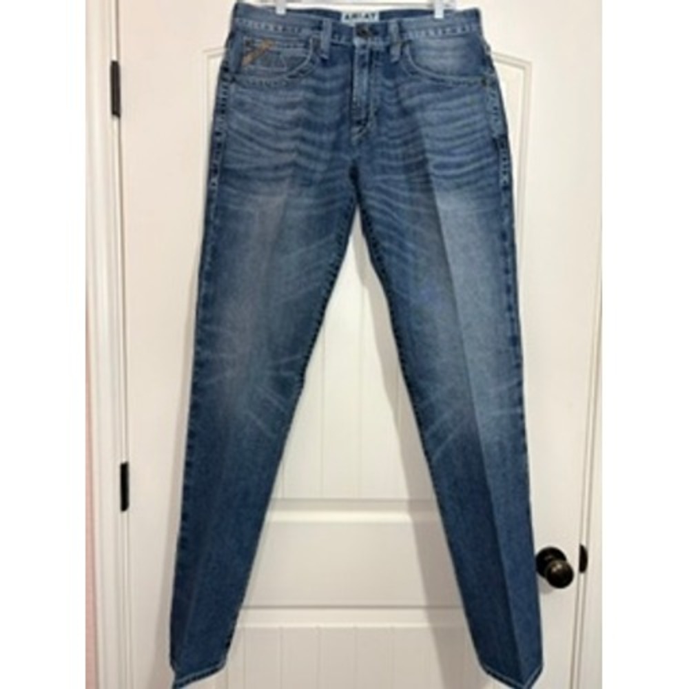 Ariat M4 Mid Rise Straight Leg Blue Jeans Men's Heavy Stitching Whiskered 35x36